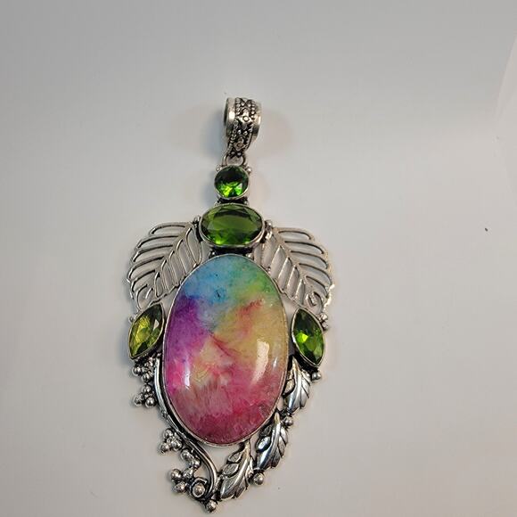 Handmade Rainbow Fluorite and Peridot Pendant with Sterling Silver Floral Design - Picture 3 of 10